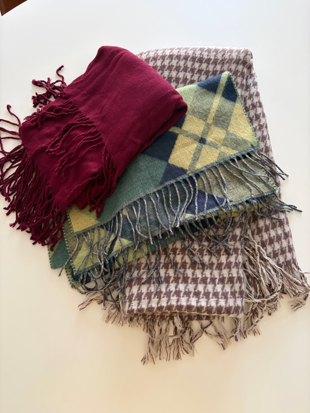 Cozy Mixed Scarf Set — Burgundy, Green/Yellow Plaid, Taupe Houndstooth